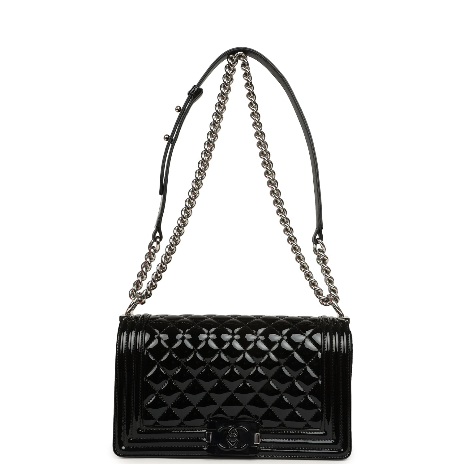 Pre-owned Chanel Medium Boy Bag Black Patent Silver Hardware