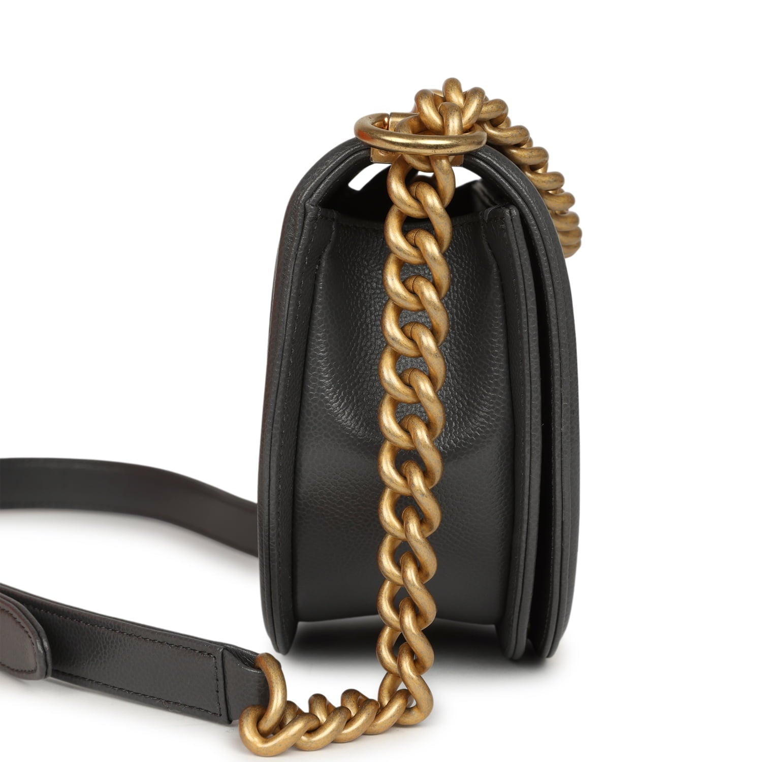 Chanel Small Boy Messenger Bag Dark Grey Shiny Caviar Antique Gold Hardware