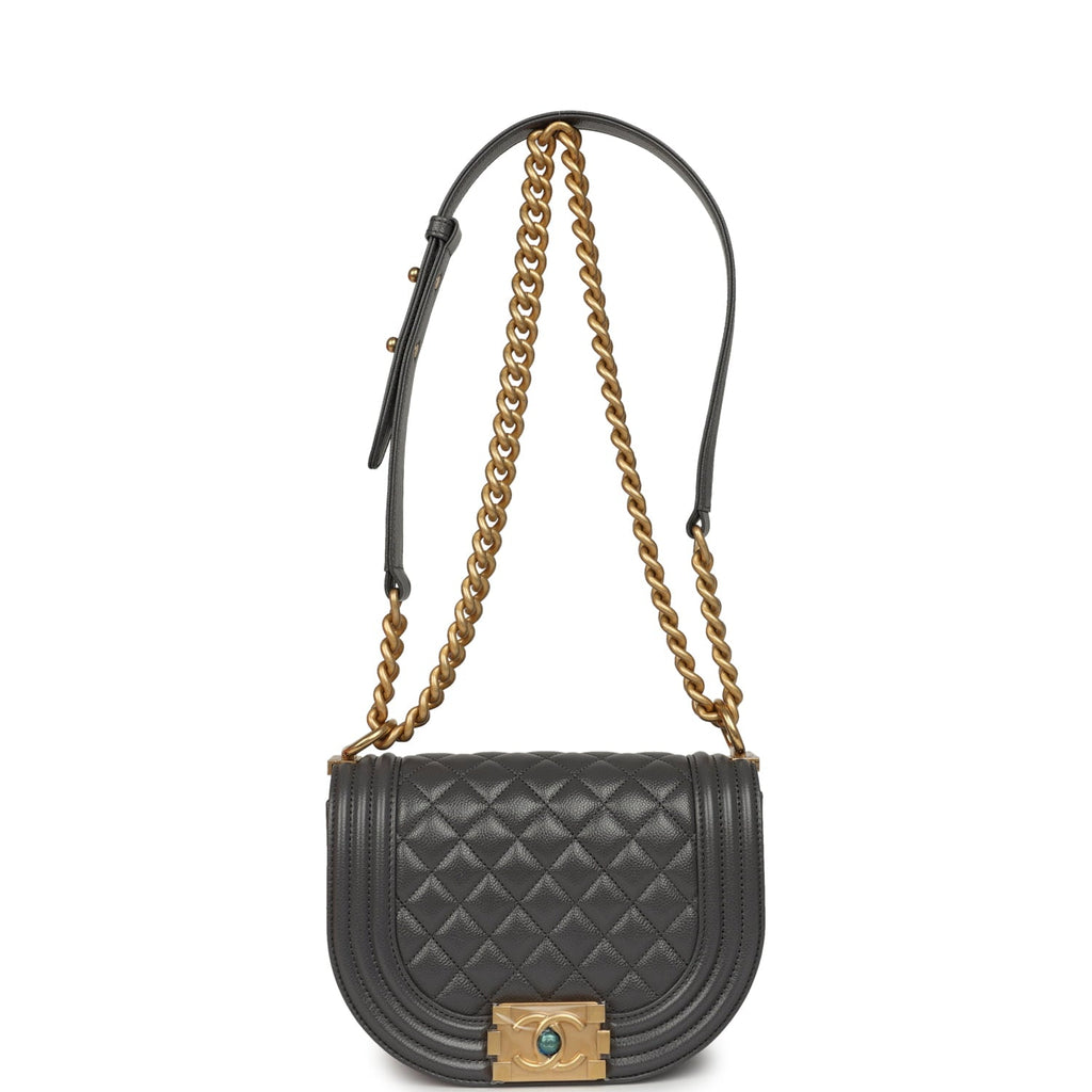 Chanel Small Boy Messenger Bag Dark Grey Shiny Caviar Antique Gold Hardware