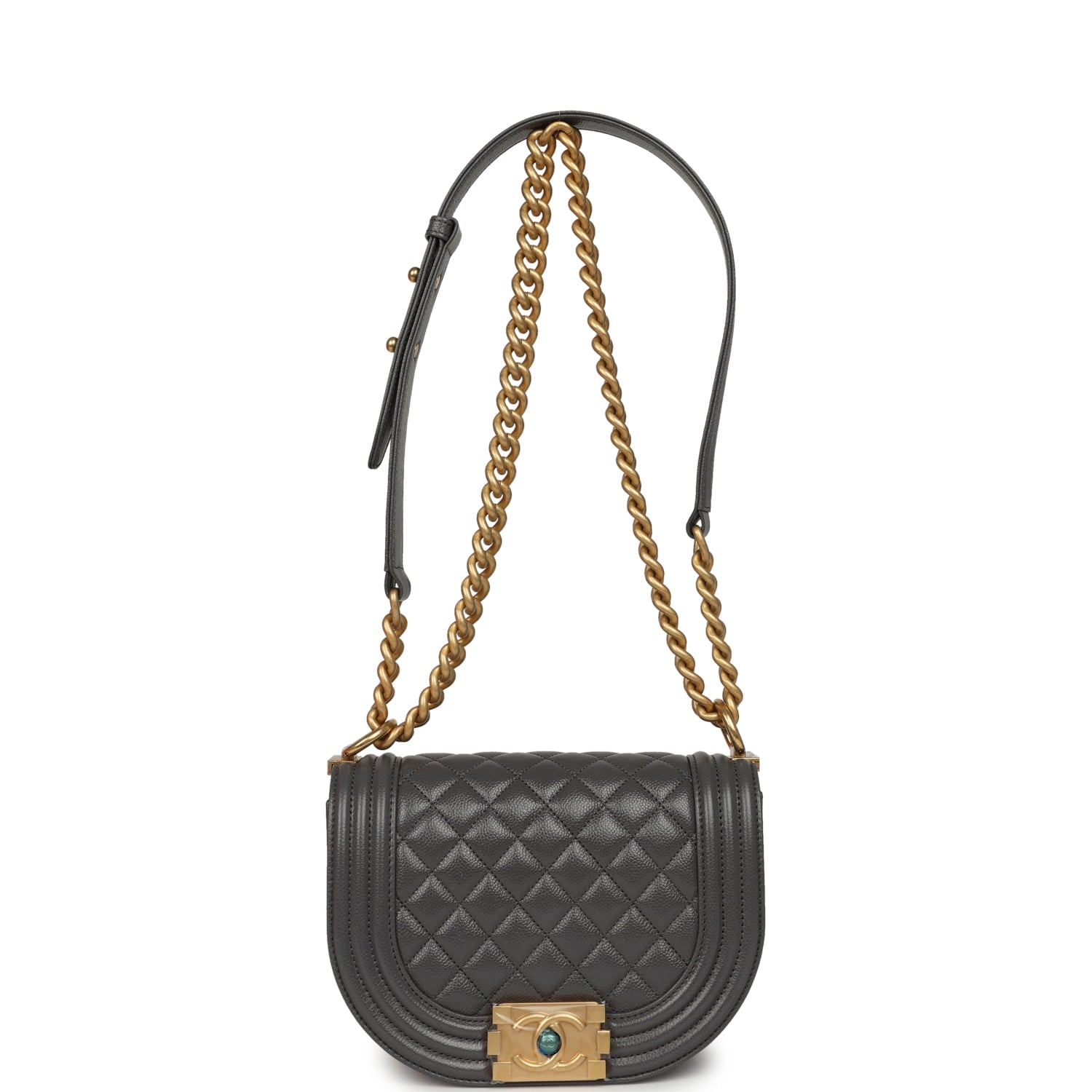 Chanel Small Boy Messenger Bag Dark Grey Shiny Caviar Antique Gold Hardware
