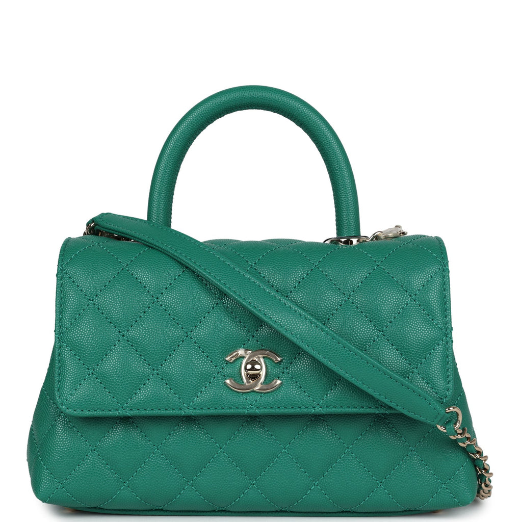 Chanel Mini Coco Top Handle Flap Bag Dark Green Caviar Light Gold Hardware