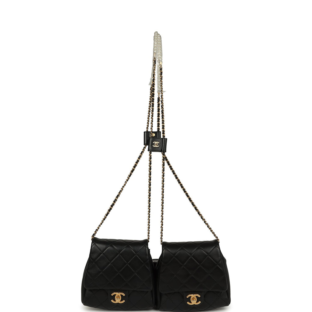 Pre-owned Chanel Twins Side Pack Black Lambskin Faux Pearls & Brushed Gold Hardware