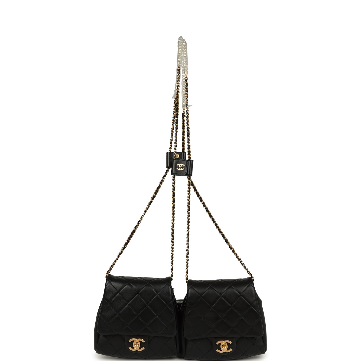 Pre-owned Chanel Twins Side Pack Black Lambskin Faux Pearls & Brushed Gold Hardware
