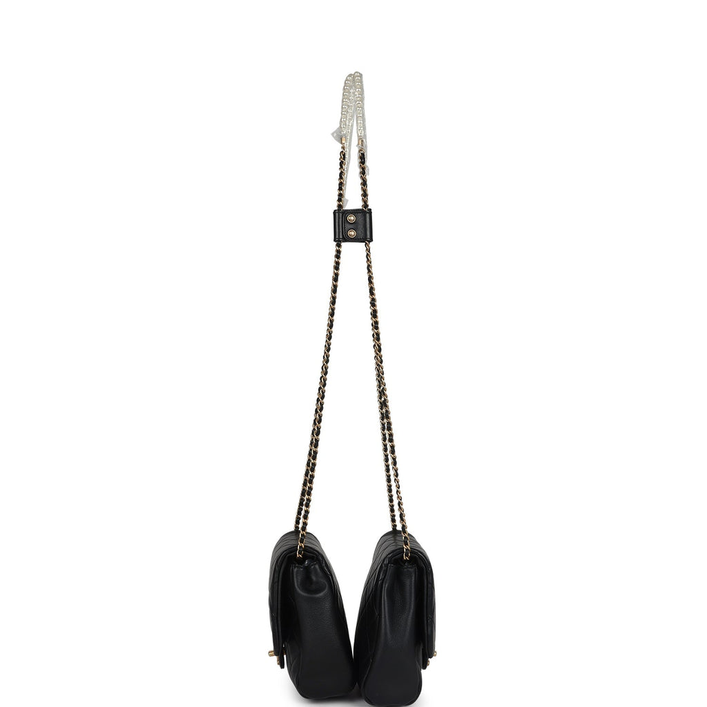 Pre-owned Chanel Twins Side Pack Black Lambskin Faux Pearls & Brushed Gold Hardware
