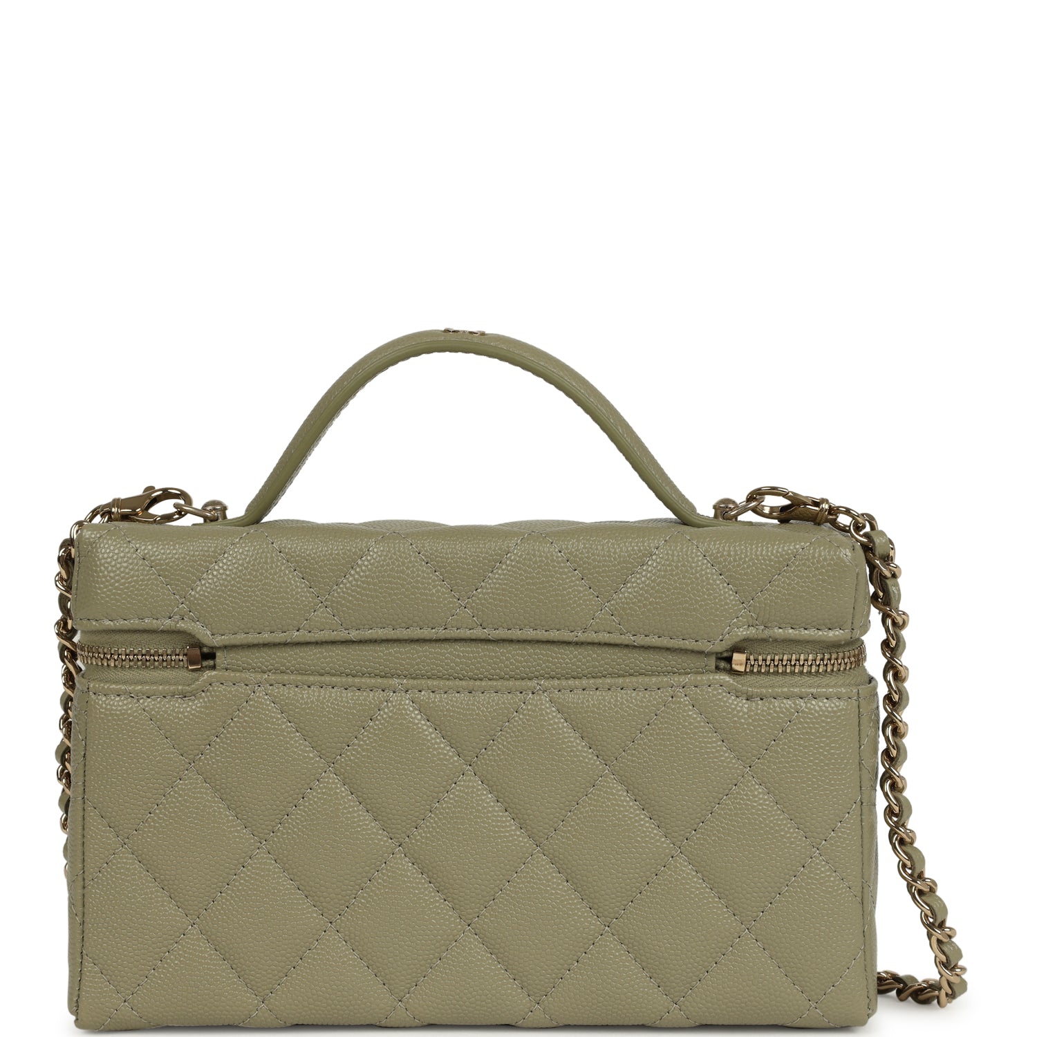 Chanel Trendy Top Handle Long Vanity Case with Chain Khaki Caviar Light Gold Hardware