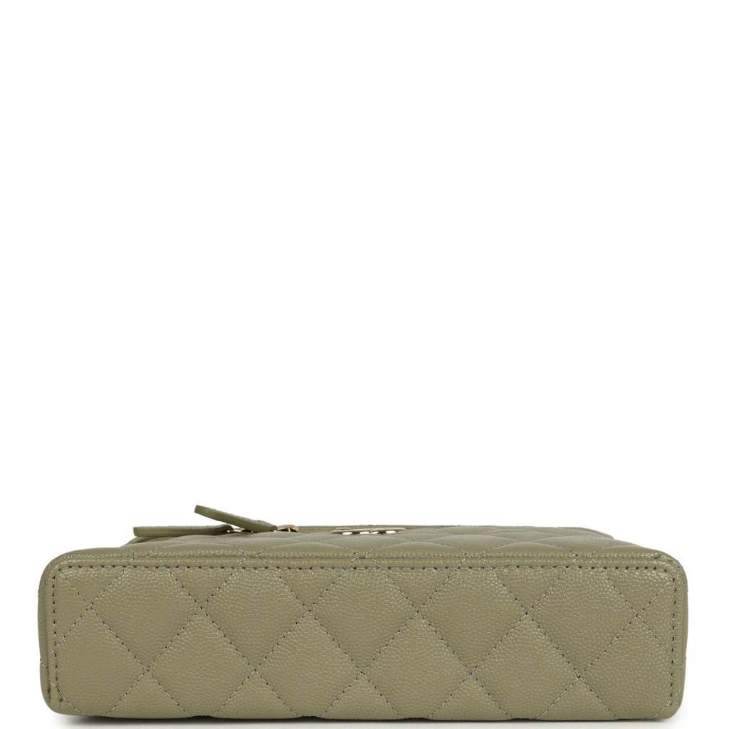 Chanel Trendy Top Handle Long Vanity Case with Chain Khaki Caviar Light Gold Hardware