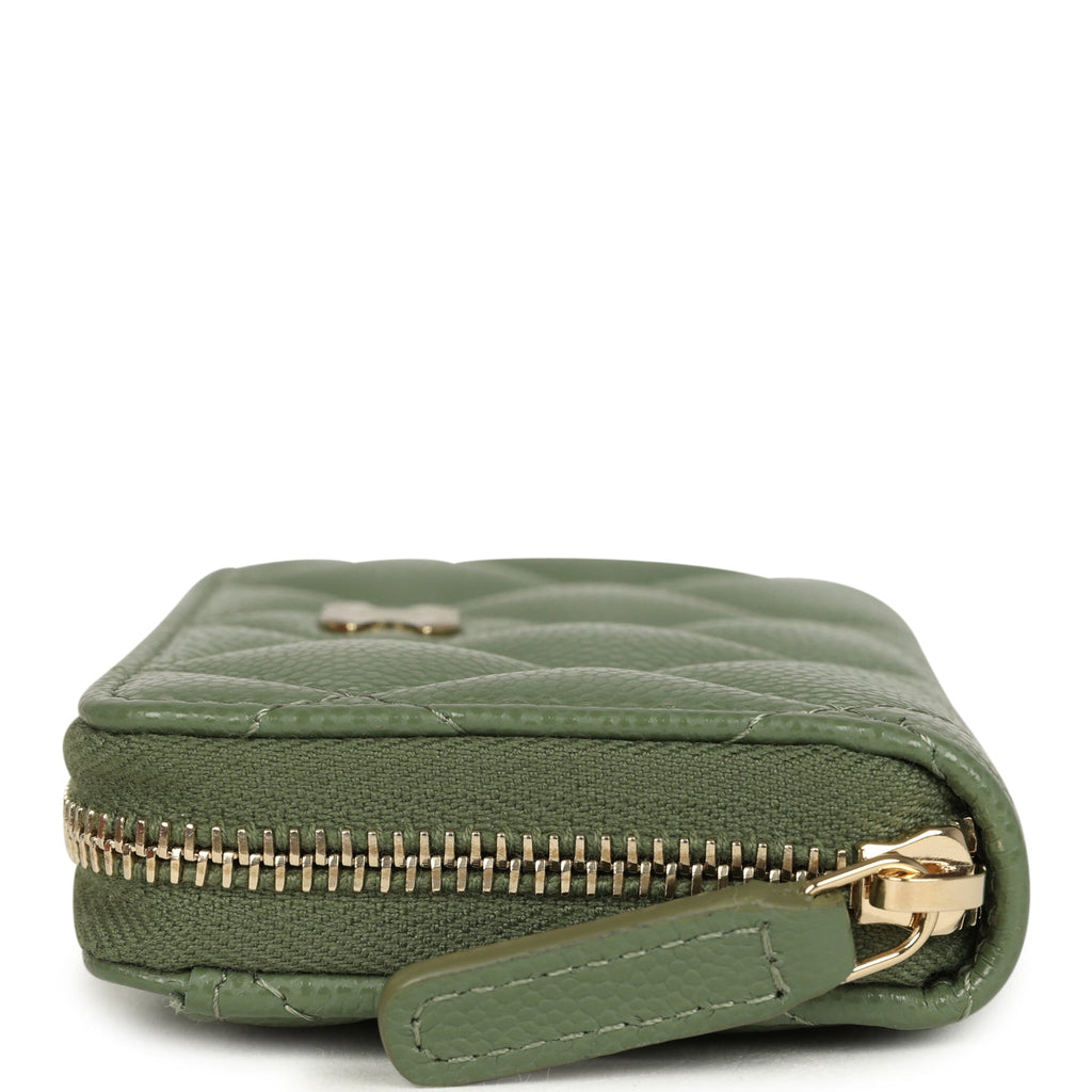 Chanel Classic Zipped Coin Purse Wallet Khaki Shiny Caviar Light Gold Hardware