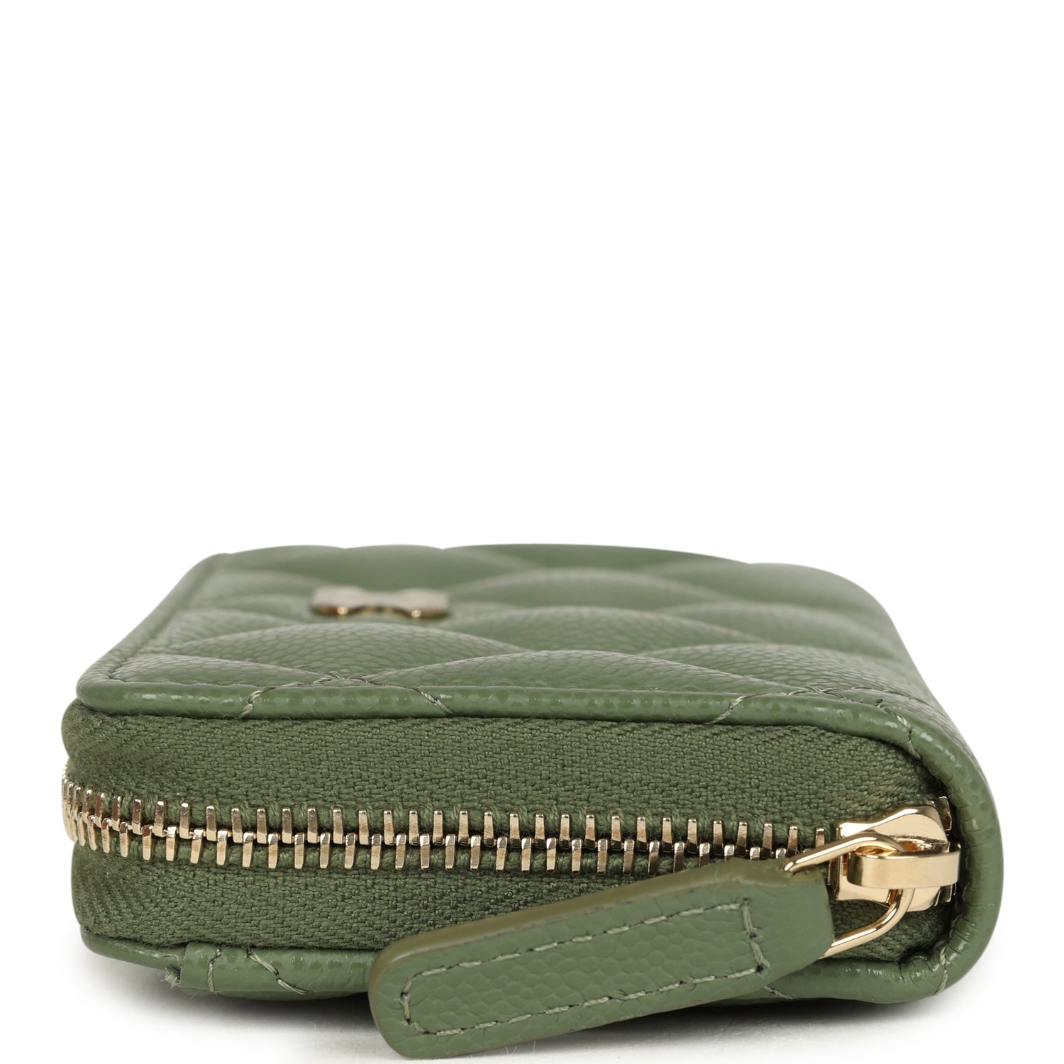 Chanel Classic Zipped Coin Purse Wallet Khaki Shiny Caviar Light Gold Hardware