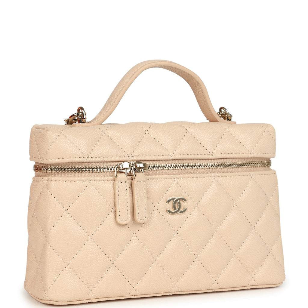 Chanel Top Handle Long Vanity Case with Chain Light Beige Shiny Caviar Light Gold Hardware
