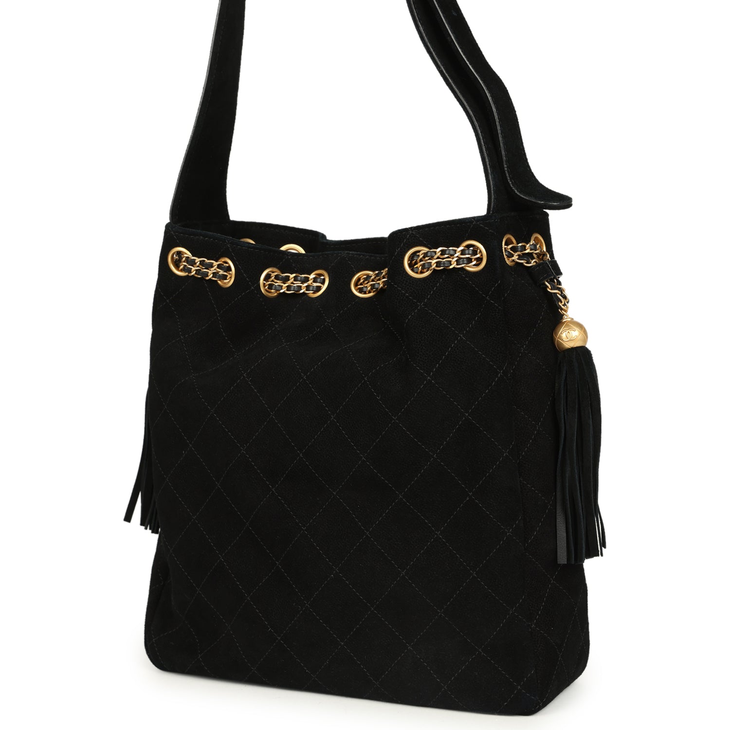Chanel Large Drawstring Bucket Bag Black Suede Gold Hardware