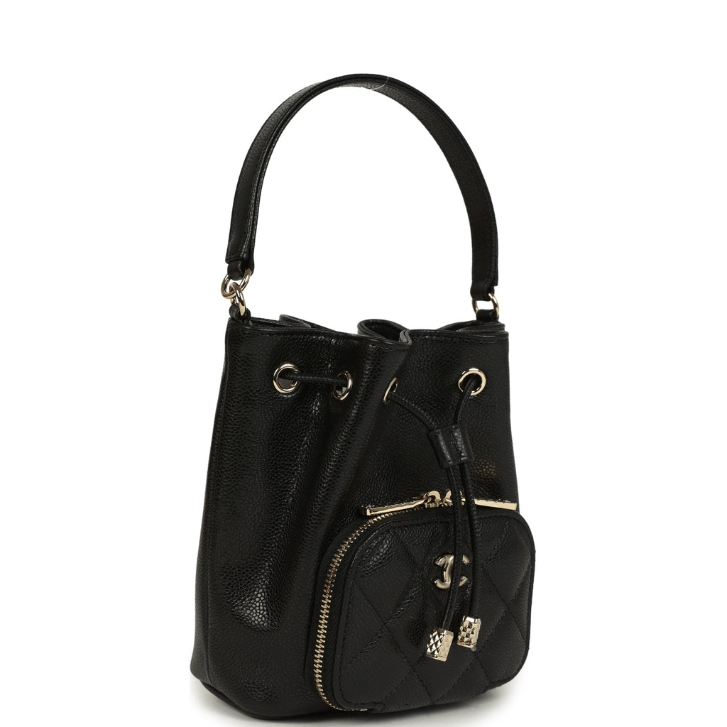 Chanel Mini Top Handle Bucket Bag with Chain Black Shiny Caviar Light Gold Hardware