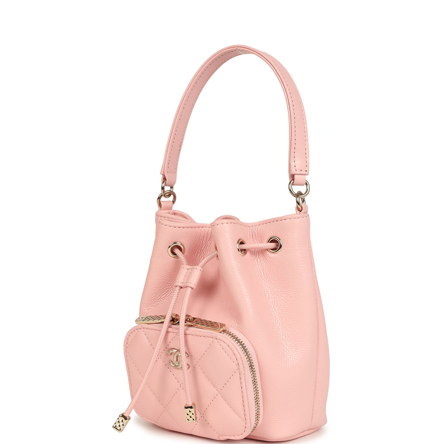 Chanel Mini Top Handle Bucket Bag with Chain Pink Shiny Caviar Light Gold Hardware