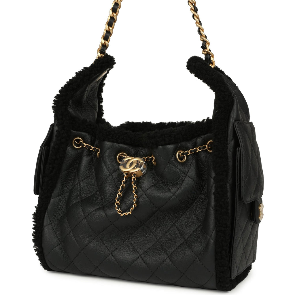 Chanel Small 25 Hobo Bag Black Crumpled Sheepskin and Shearling Antique Gold Hardware