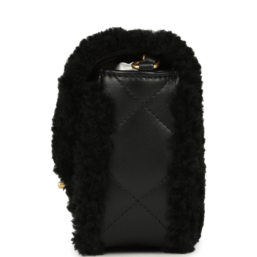 Chanel Mini Shearling Flap Bag Black Lambskin Brushed Gold Hardware
