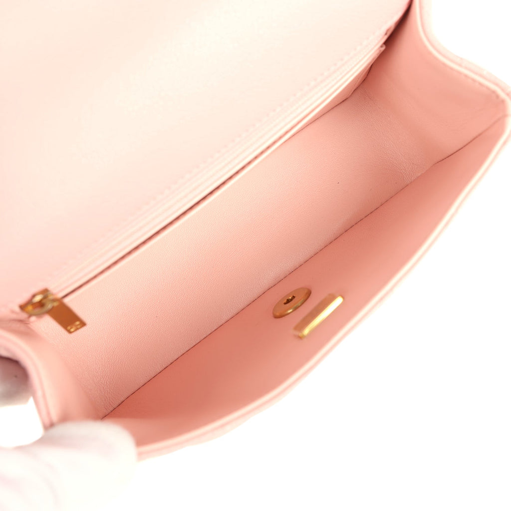 Chanel Mini Rectangular Flap Bag with CC Top Handle Pink Shiny Caviar Antique Gold Hardware