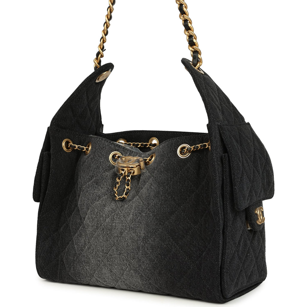 Chanel Small 25 Hobo Bag Black Washed Denim Antique Gold Hardware