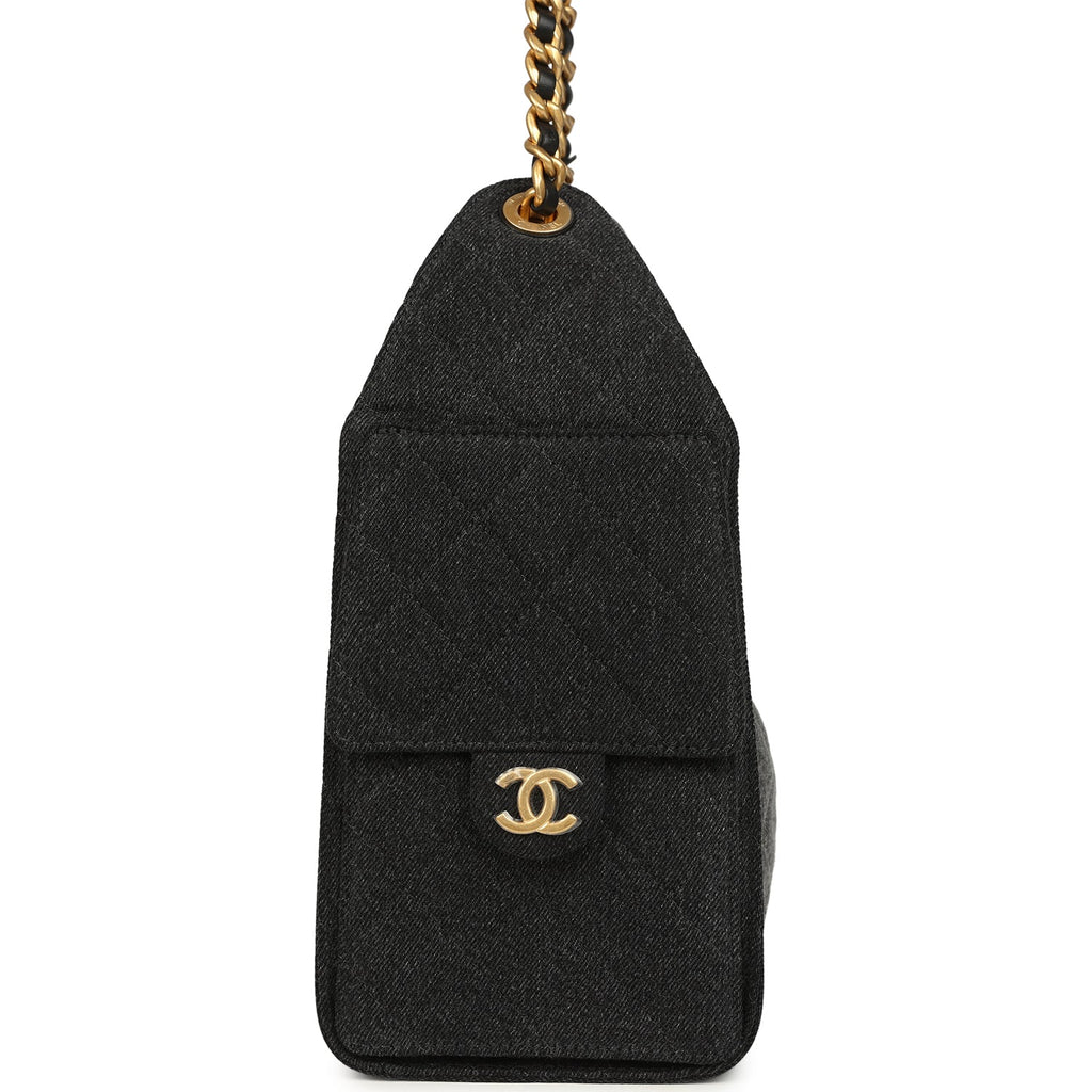 Chanel Small 25 Hobo Bag Black Washed Denim Antique Gold Hardware