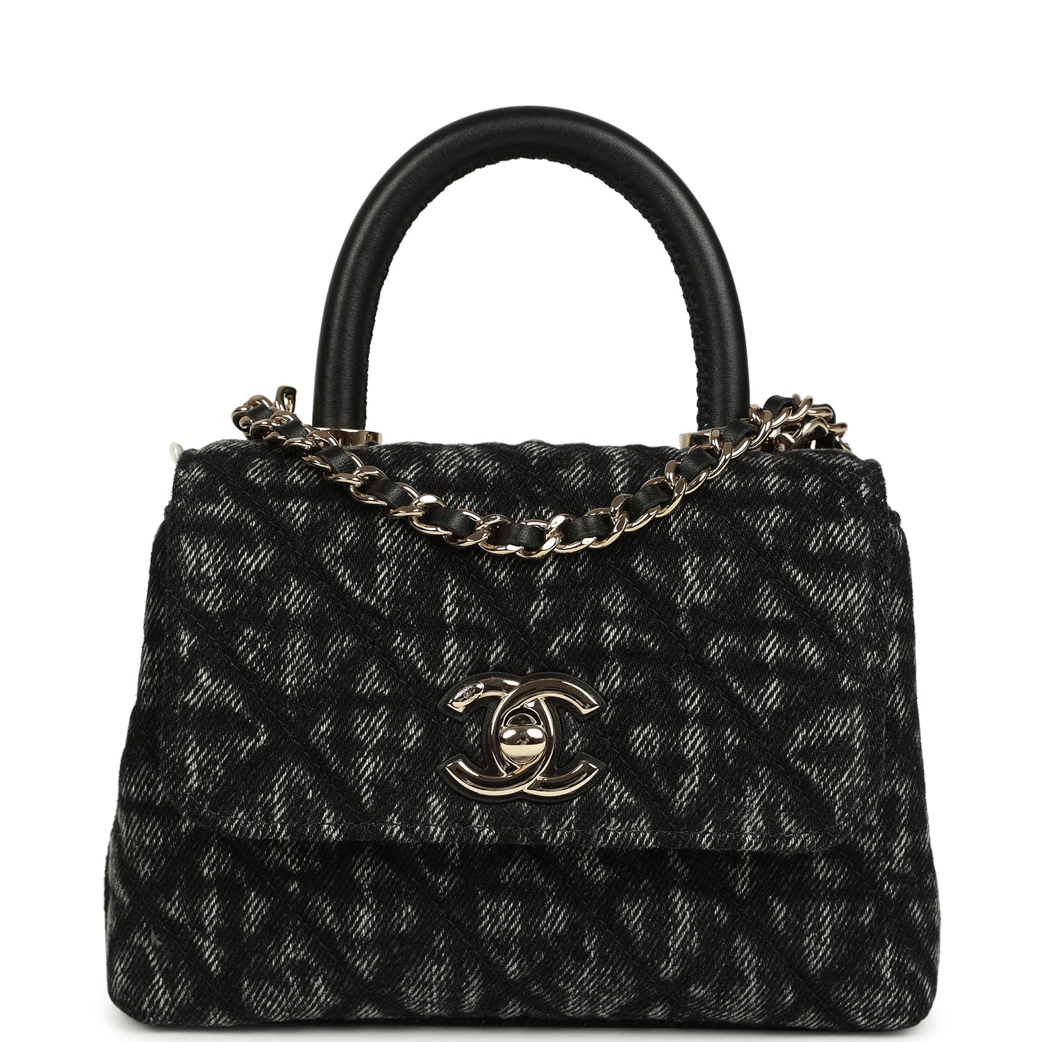 Chanel Nano Coco Top Handle Flap Bag Black Washed Denim Light Gold Hardware
