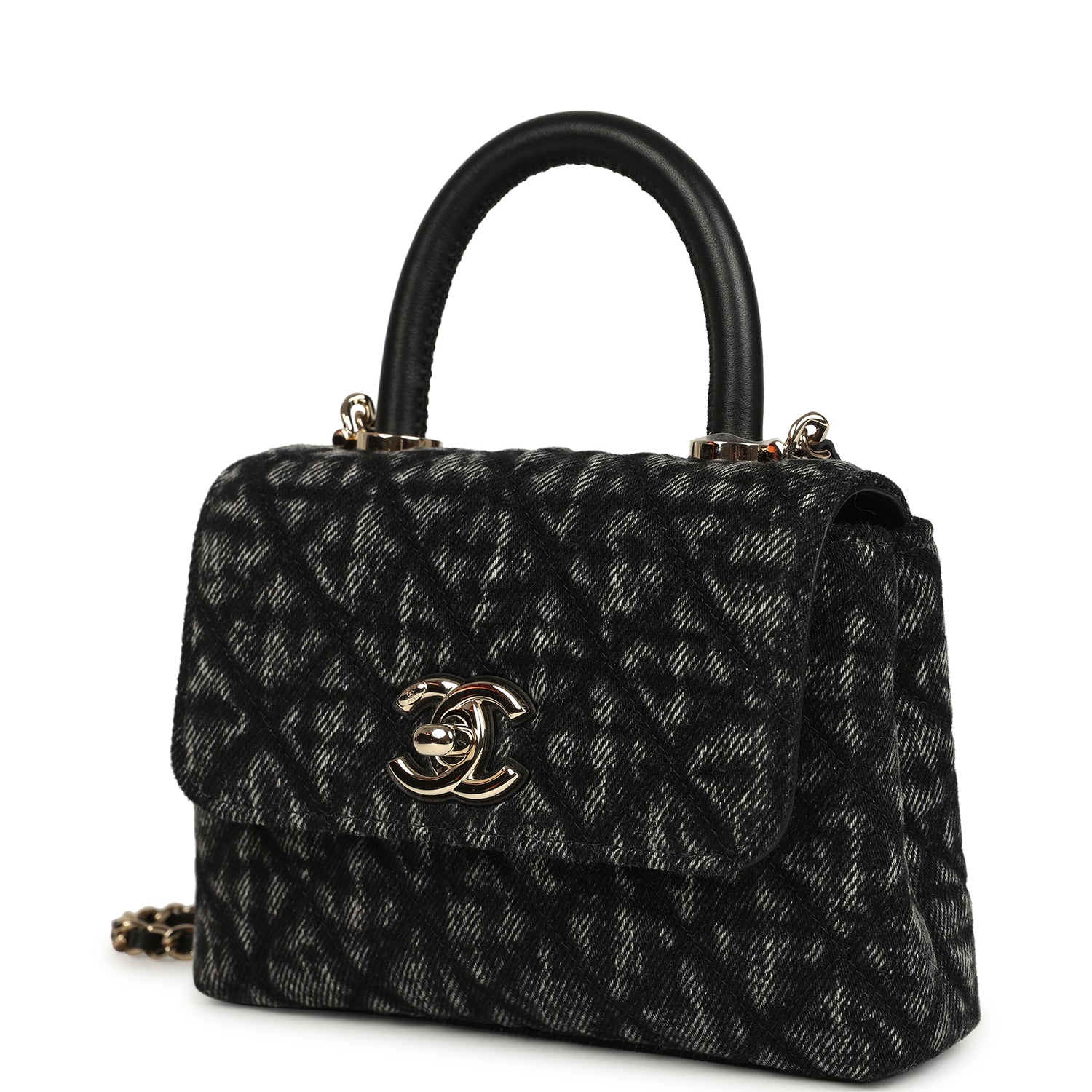 Chanel Nano Coco Top Handle Flap Bag Black Washed Denim Light Gold Hardware