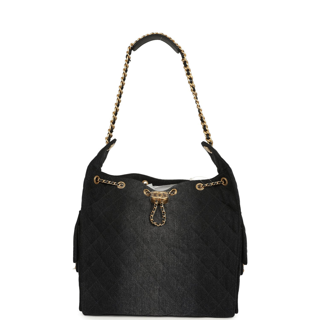 Chanel Medium 25 Hobo Bag Black Washed Denim Antique Gold Hardware