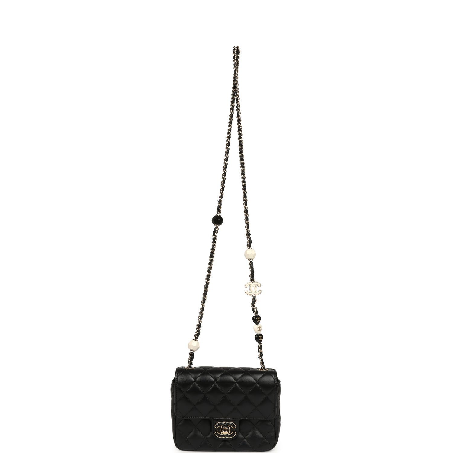 Pre-owned Chanel Heart Charms Mini Square Flap Bag Black Lambskin Enamel Light Gold Hardware
