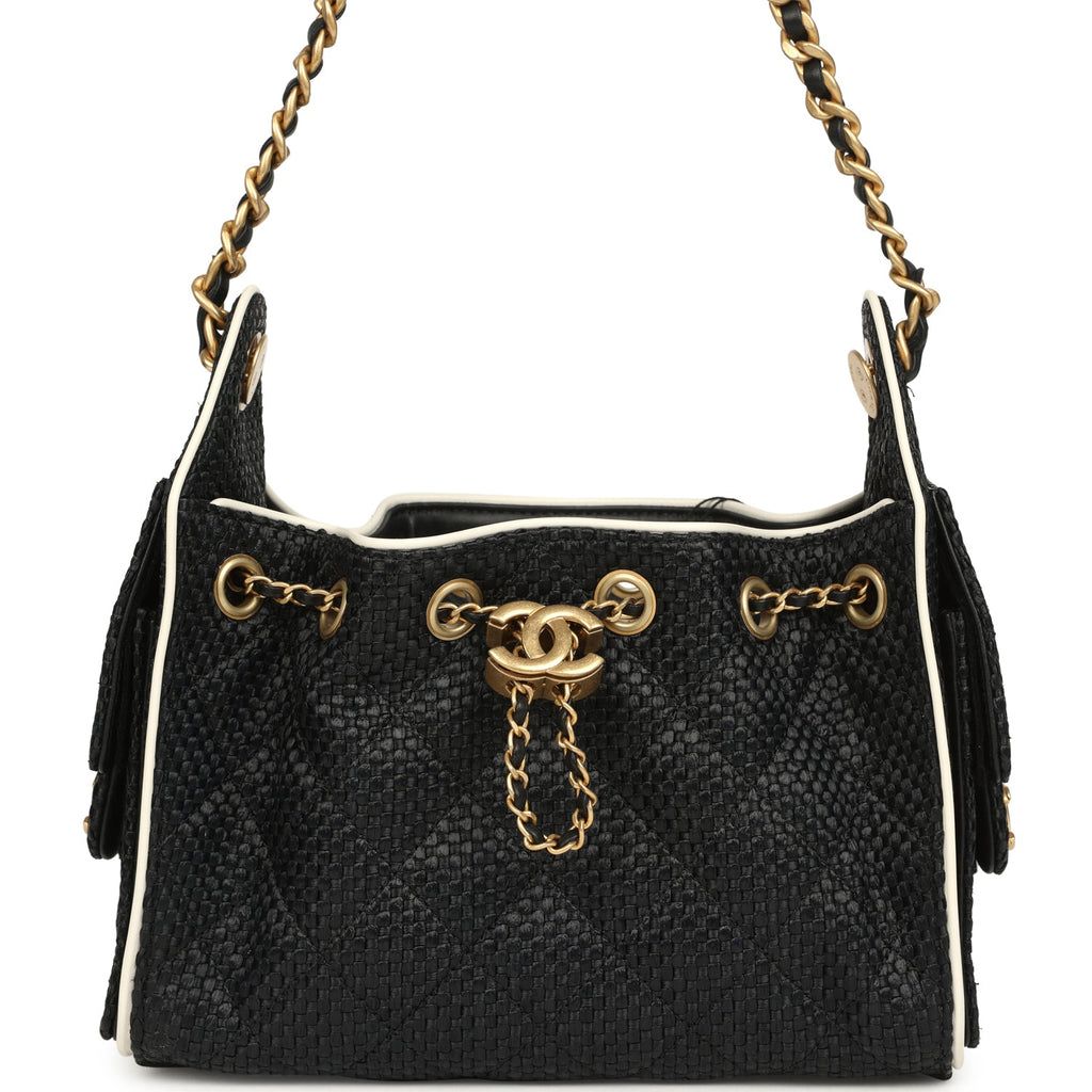 Chanel Mini 25 Hobo Bag Black Raffia and White Calfskin Antique Gold Hardware