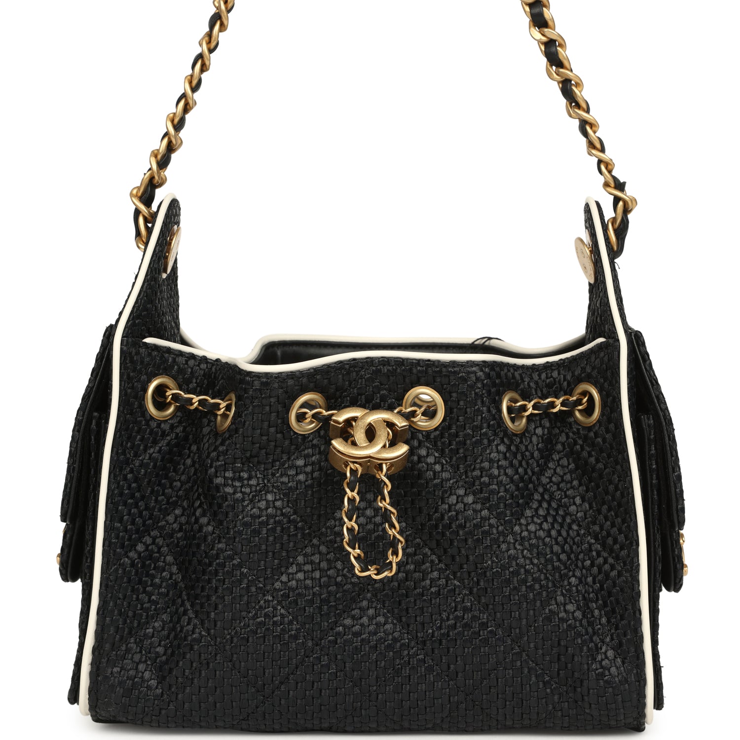 Chanel Mini 25 Hobo Bag Black Raffia and White Calfskin Antique Gold Hardware
