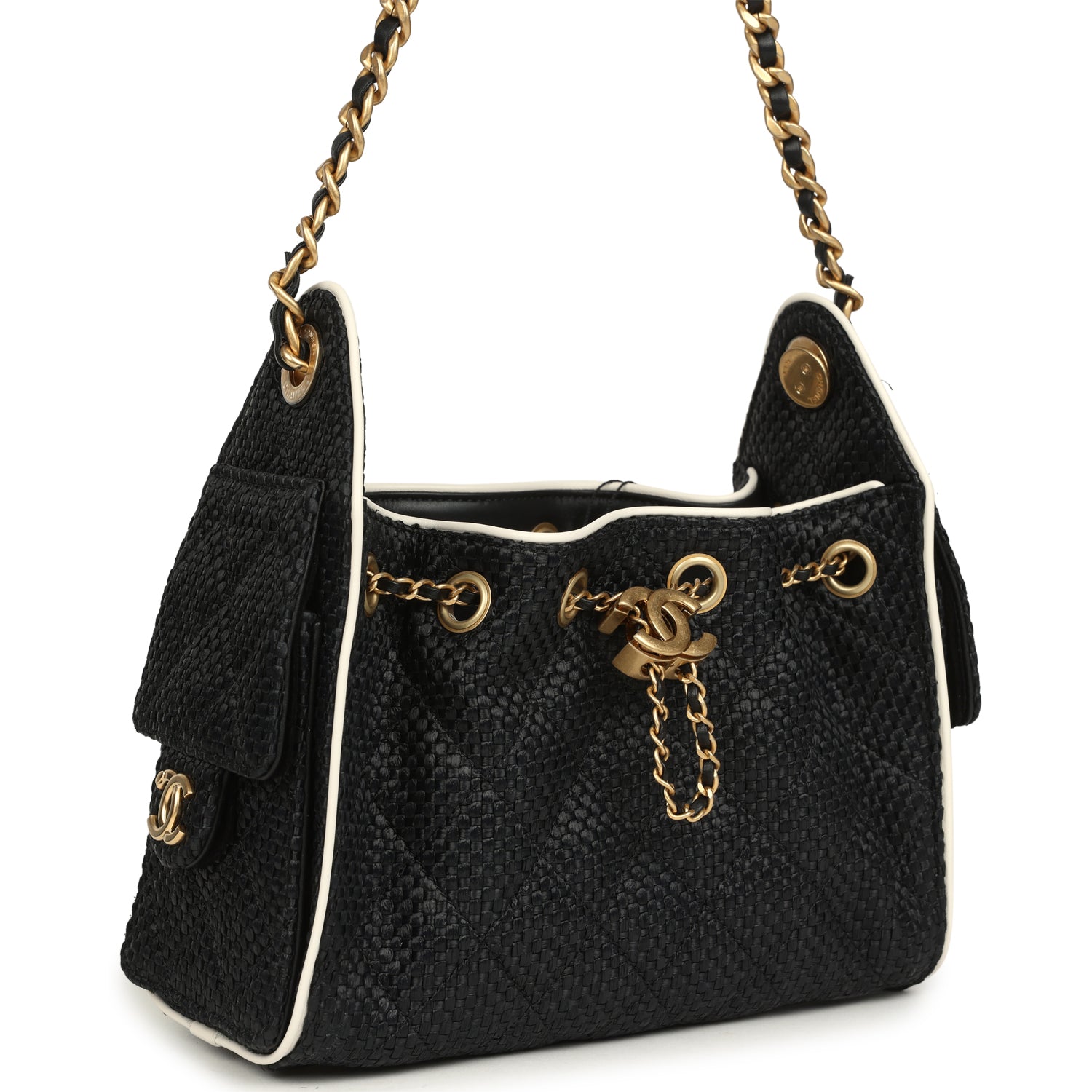 Chanel Mini 25 Hobo Bag Black Raffia and White Calfskin Antique Gold Hardware