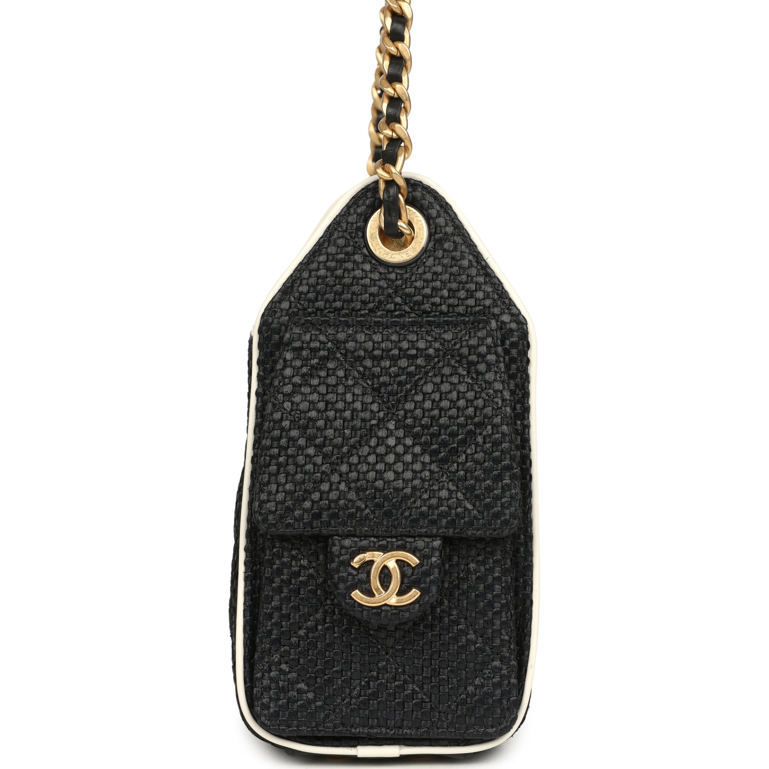 Chanel Mini 25 Hobo Bag Black Raffia and White Calfskin Antique Gold Hardware