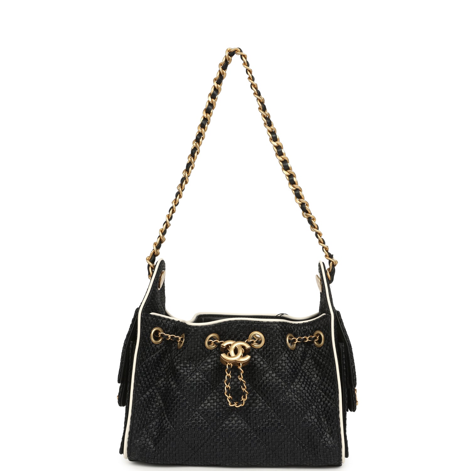 Chanel Mini 25 Hobo Bag Black Raffia and White Calfskin Antique Gold Hardware