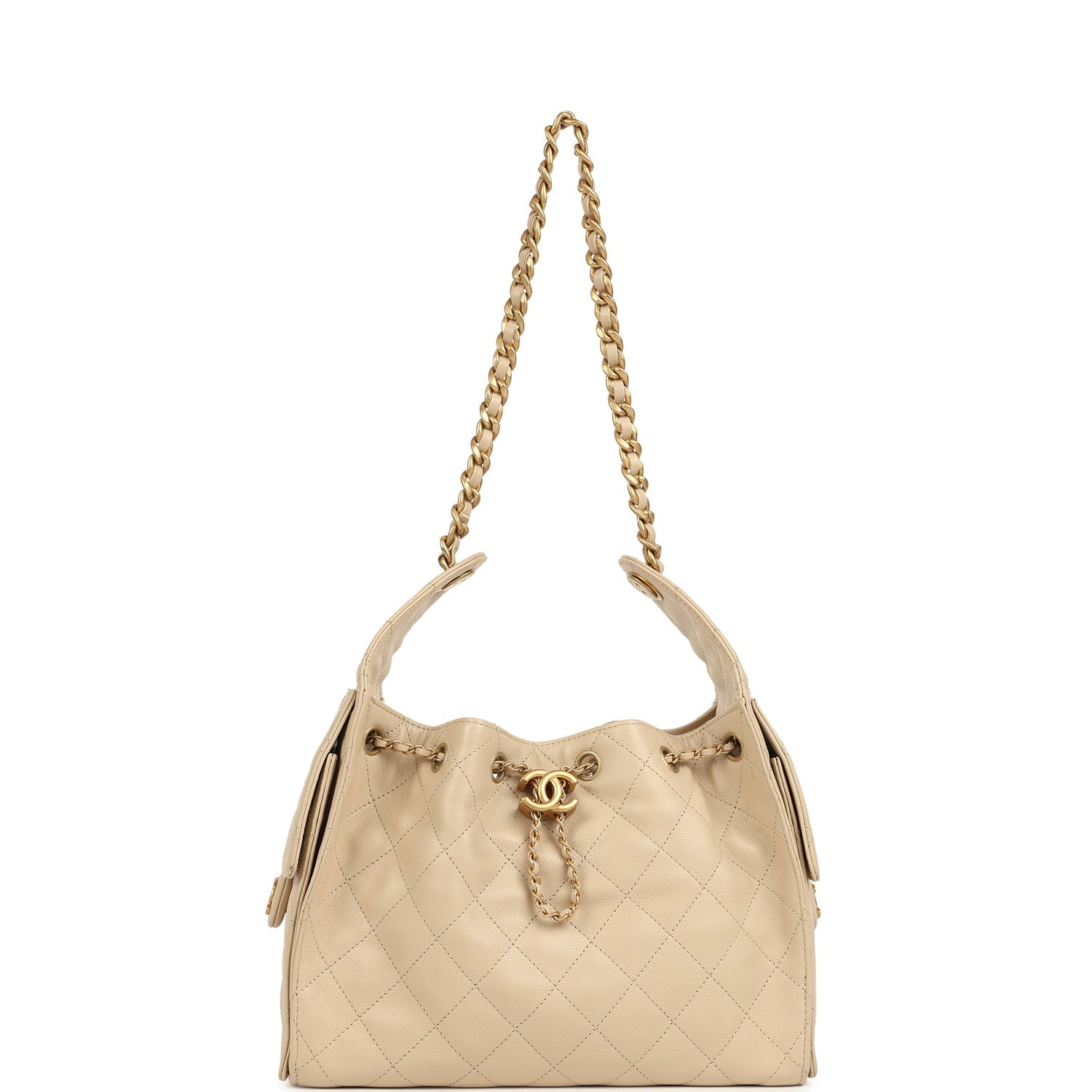 Pre-owned Chanel Small 25 Hobo Bag Beige Caviar Antique Gold Hardware