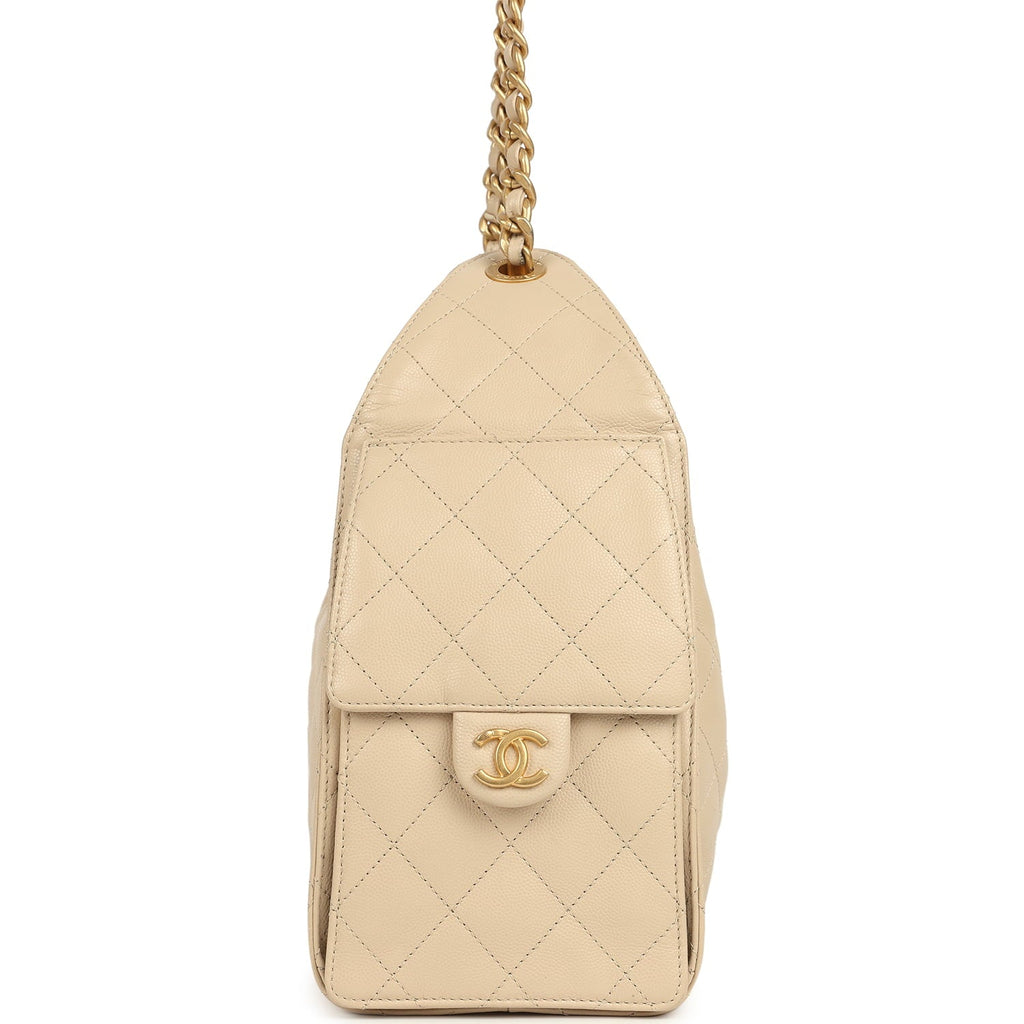 Pre-owned Chanel Small 25 Hobo Bag Beige Caviar Antique Gold Hardware