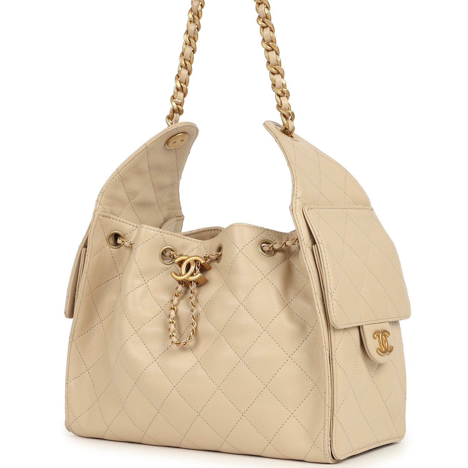 Pre-owned Chanel Small 25 Hobo Bag Beige Caviar Antique Gold Hardware