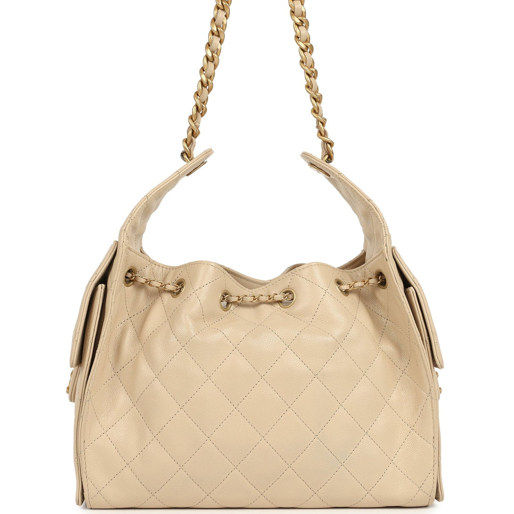 Pre-owned Chanel Small 25 Hobo Bag Beige Caviar Antique Gold Hardware