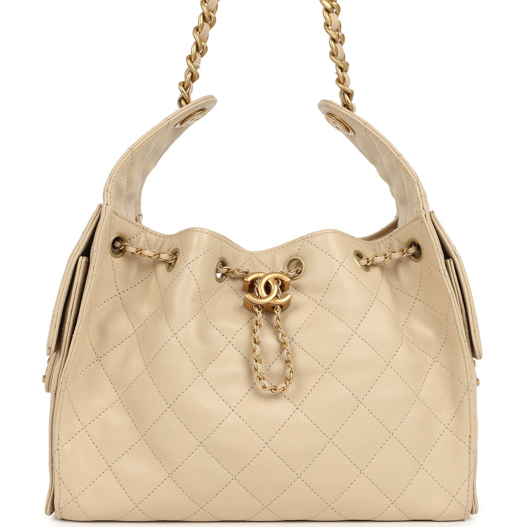 Pre-owned Chanel Small 25 Hobo Bag Beige Caviar Antique Gold Hardware