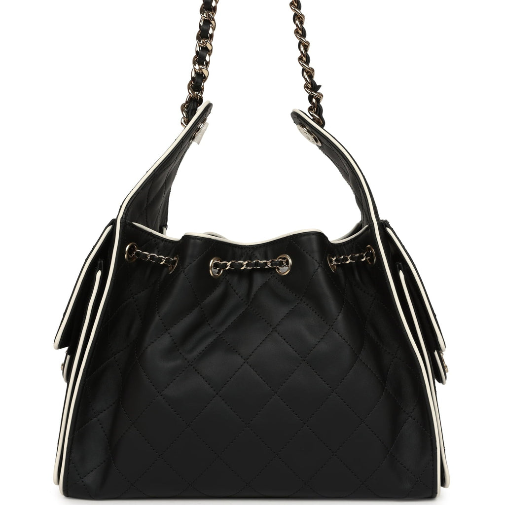 Chanel Small 25 Hobo Bag Black and White Calfskin Light Gold Hardware