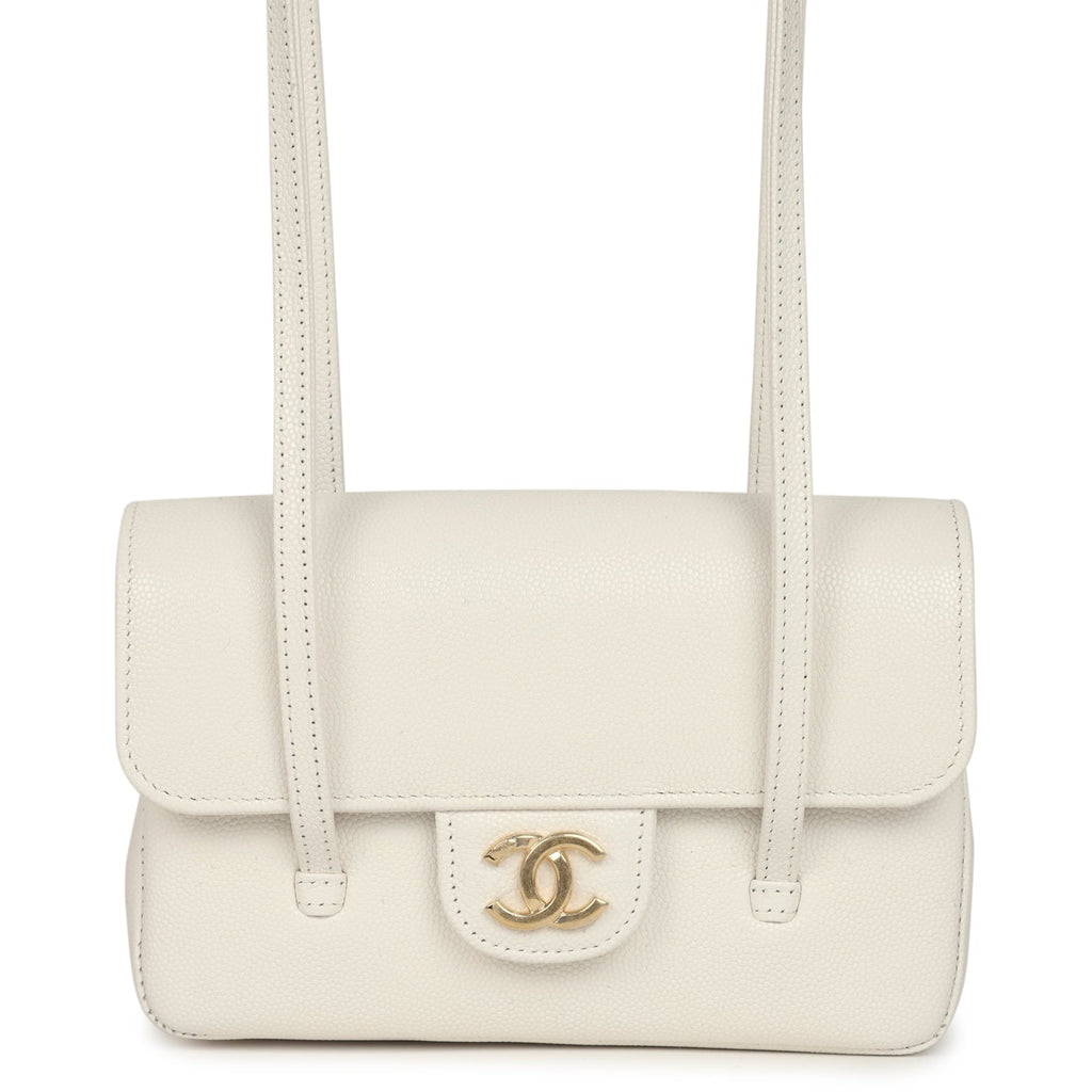 Chanel Mini Preppy Coco Clutch with Straps White Shiny Caviar Brushed Gold Hardware