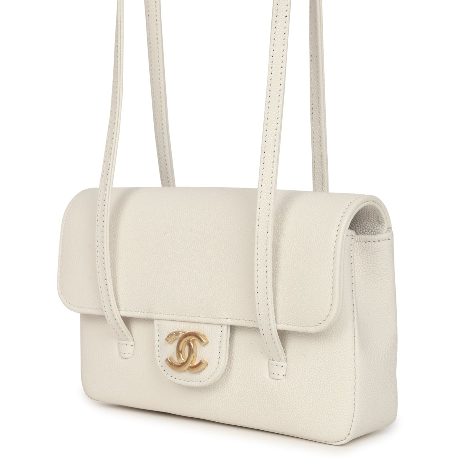 Chanel Mini Preppy Coco Clutch with Straps White Shiny Caviar Brushed Gold Hardware