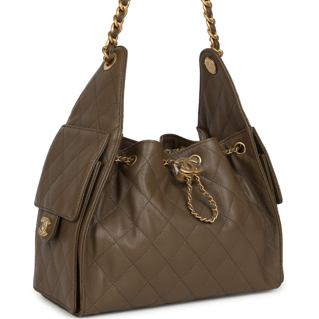 Chanel Small 25 Hobo Bag Dark Khaki Caviar Antique Gold Hardware