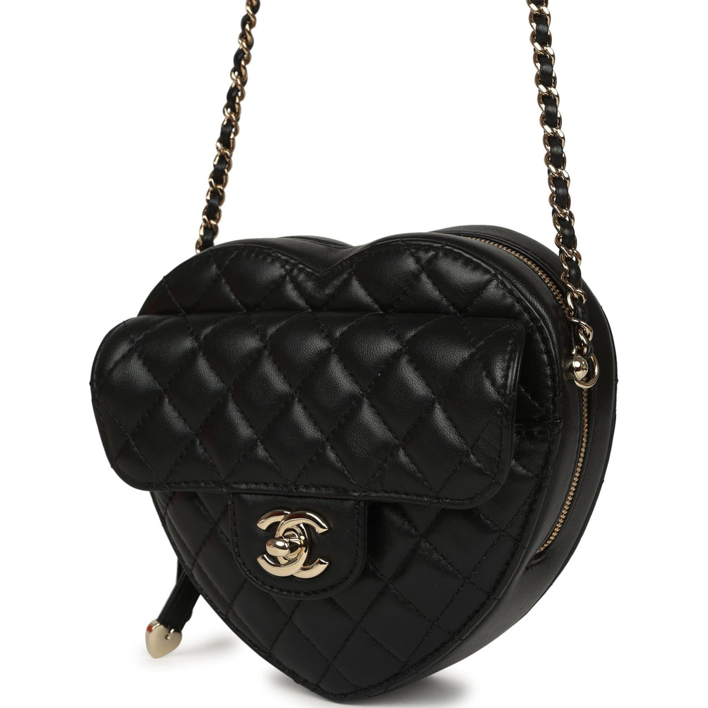 Pre-owned Chanel CC In Love Large Heart Bag with Chain Black Lambskin Light Gold Hardware