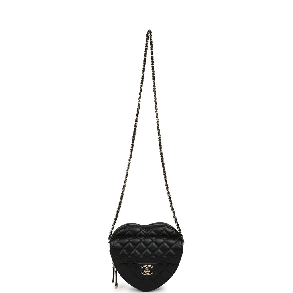 Pre-owned Chanel CC In Love Large Heart Bag with Chain Black Lambskin Light Gold Hardware
