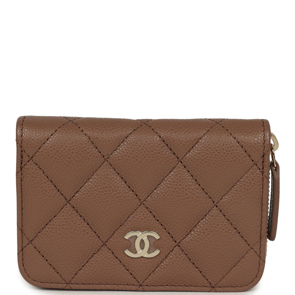 Chanel Classic Zipped Coin Purse Wallet Brown Shiny Caviar Light Gold Hardware