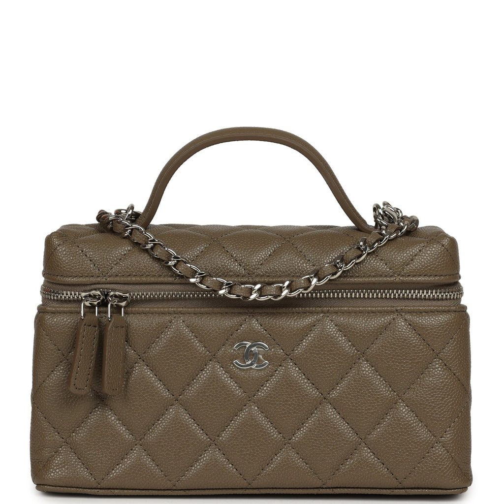 Chanel Chevron Top Handle Long Vanity Case with Chain Dark Khaki Shiny Caviar Silver Hardware