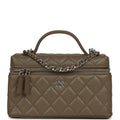 Chanel Chevron Top Handle Long Vanity Case with Chain Dark Khaki Shiny Caviar Silver Hardware