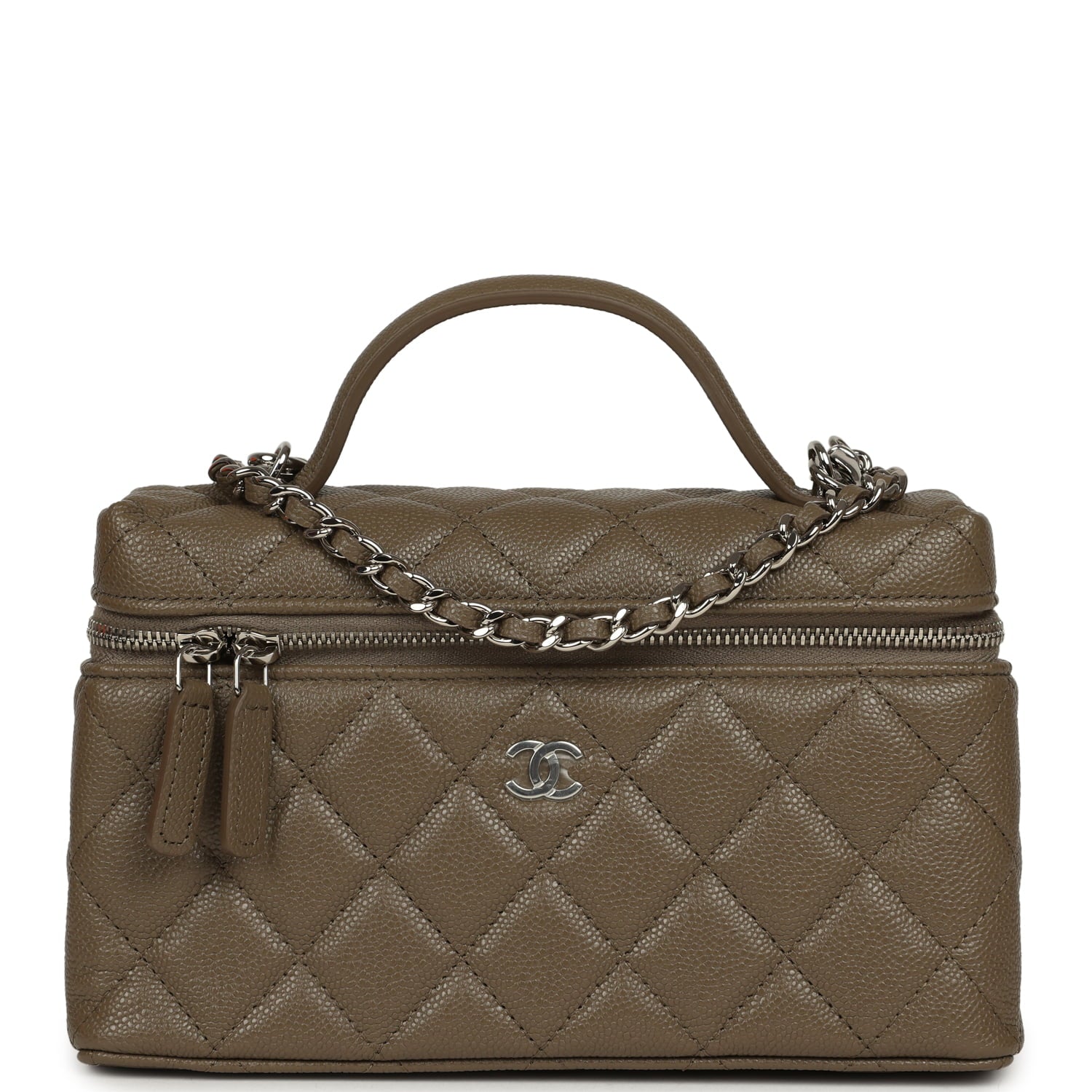 Chanel Chevron Top Handle Long Vanity Case with Chain Dark Khaki Shiny Caviar Silver Hardware