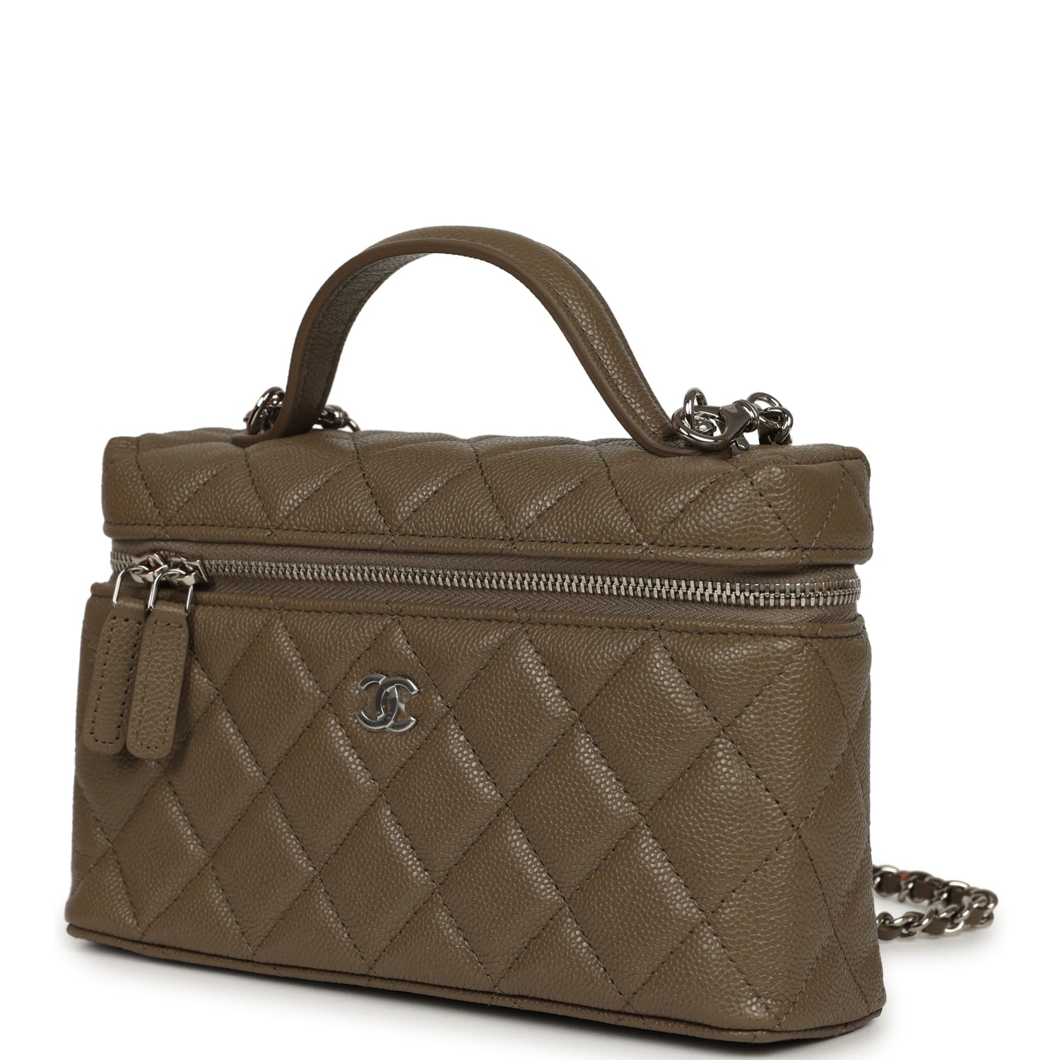 Chanel Chevron Top Handle Long Vanity Case with Chain Dark Khaki Shiny Caviar Silver Hardware