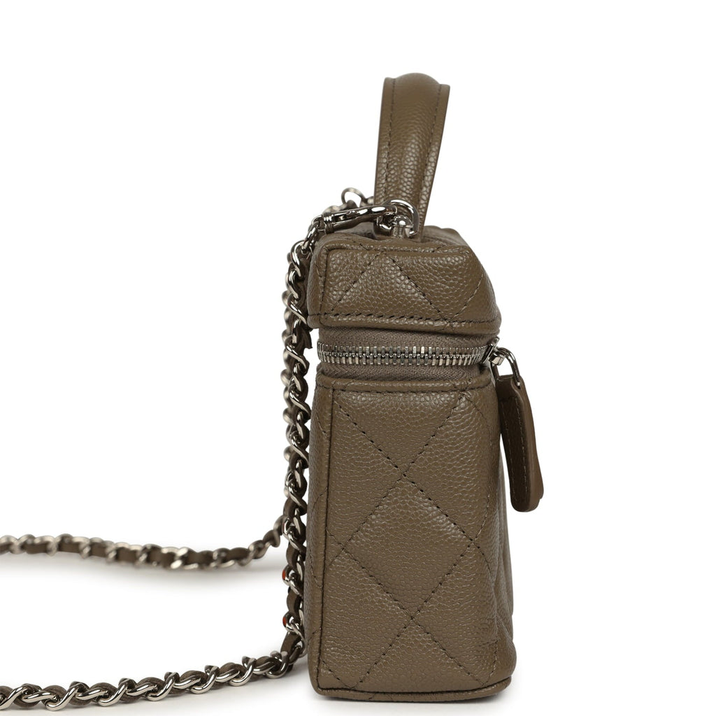 Chanel Chevron Top Handle Long Vanity Case with Chain Dark Khaki Shiny Caviar Silver Hardware