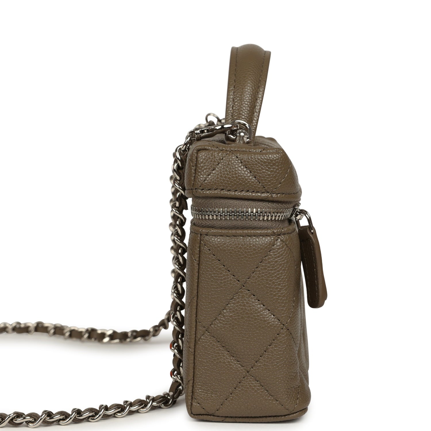 Chanel Chevron Top Handle Long Vanity Case with Chain Dark Khaki Shiny Caviar Silver Hardware