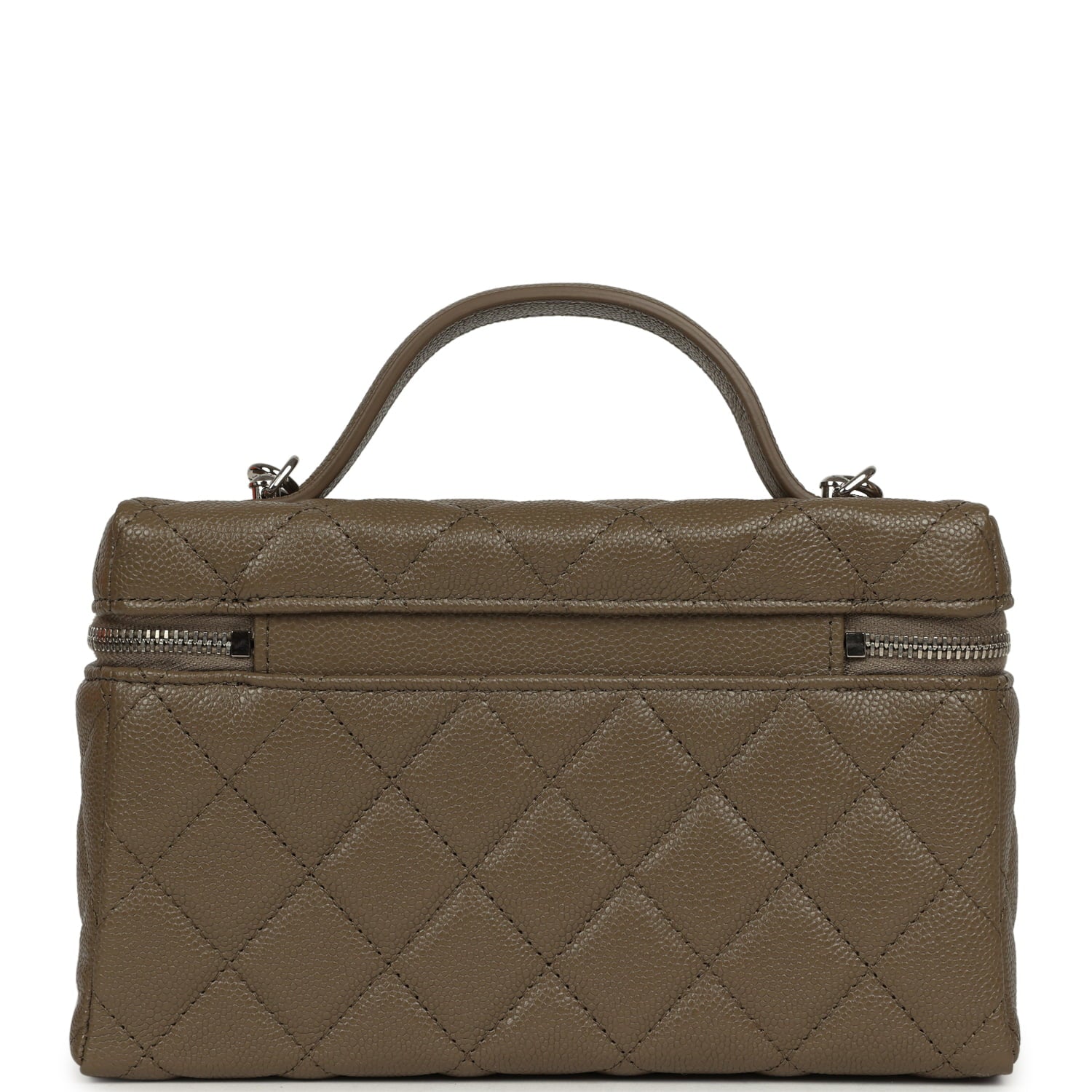 Chanel Chevron Top Handle Long Vanity Case with Chain Dark Khaki Shiny Caviar Silver Hardware