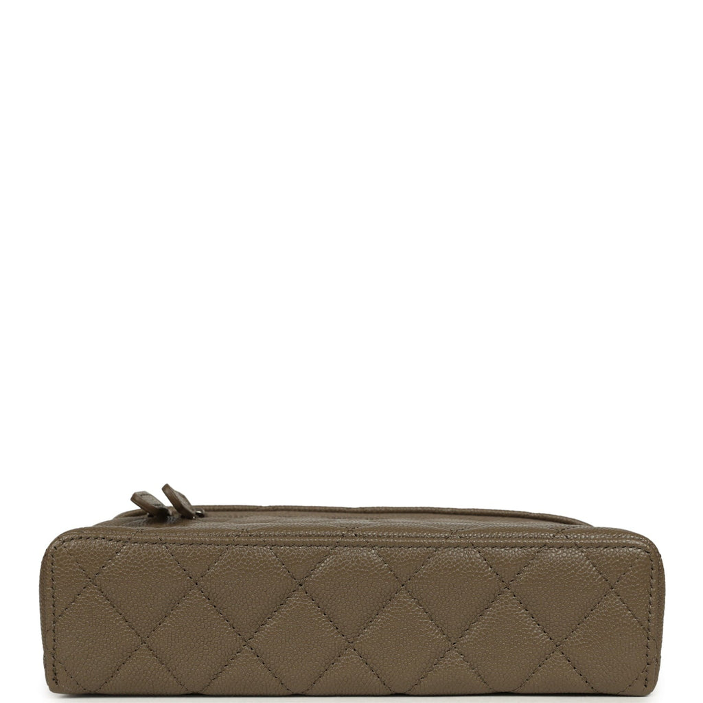 Chanel Chevron Top Handle Long Vanity Case with Chain Dark Khaki Shiny Caviar Silver Hardware